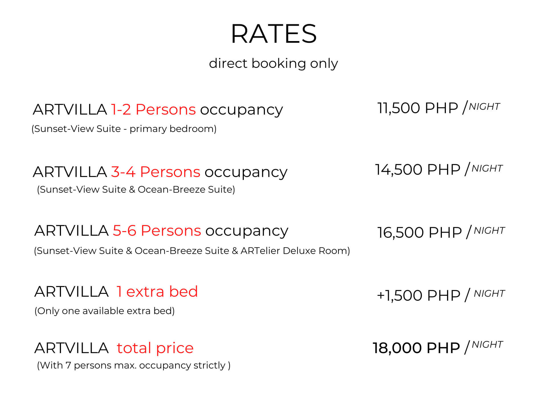 Camiguin Island ARTVILLA RATES